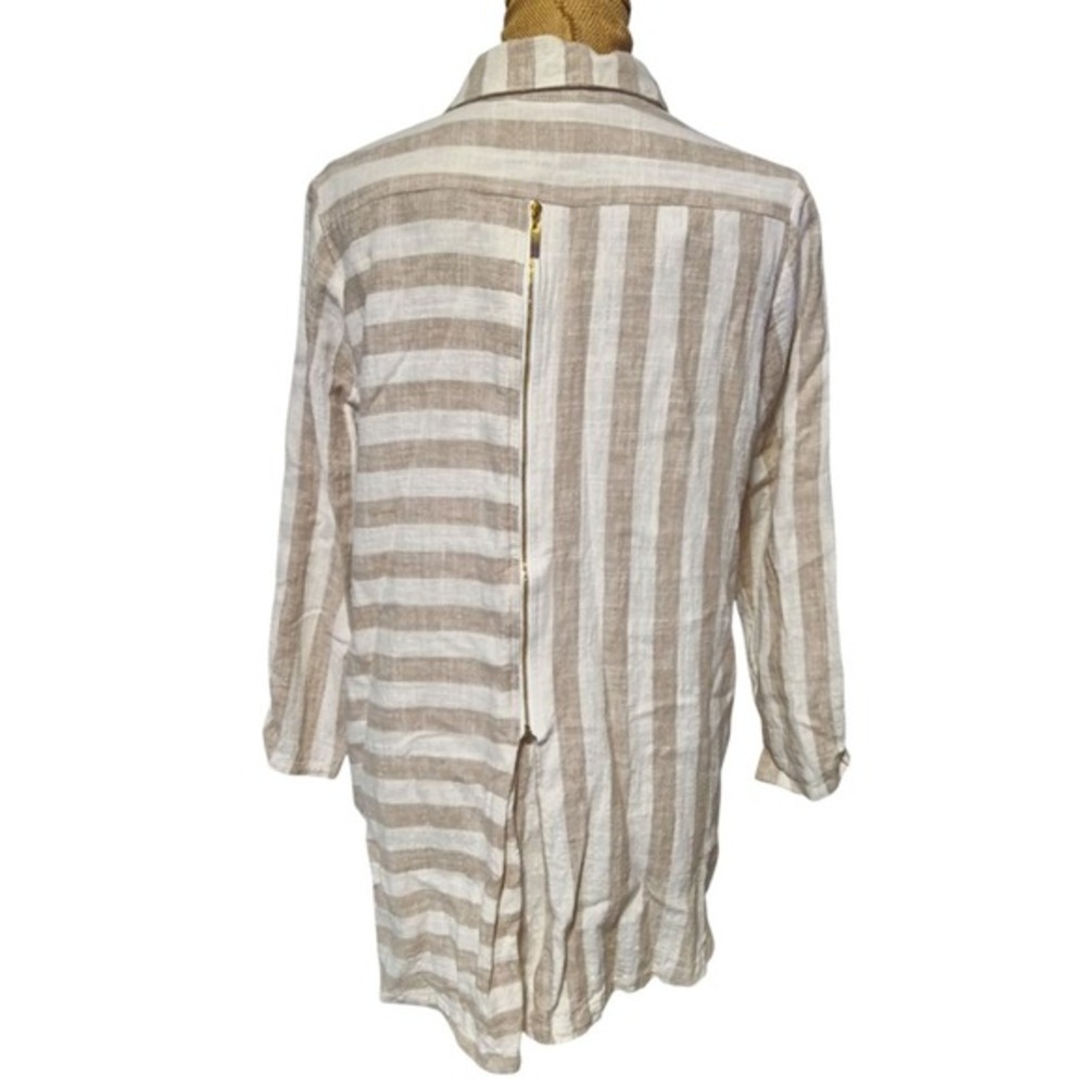 Soft Surroundings Tan White Striped Linen Blend Back Zip Shirt XL 2CK23 - Picture 3 of 6